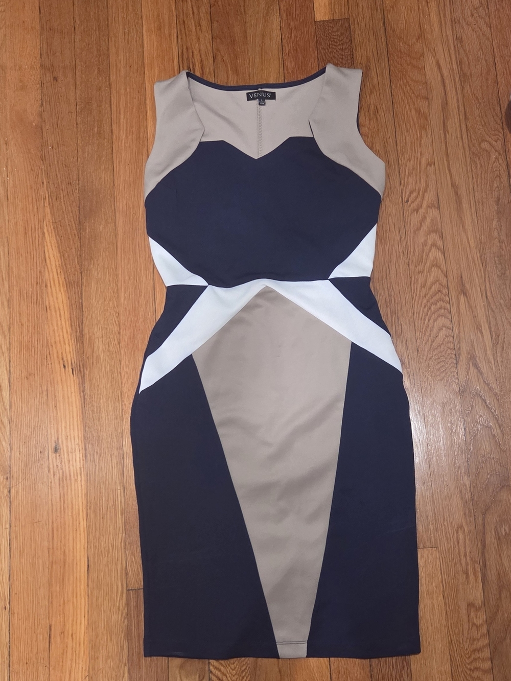 VENUS Navy, Taupe & White Colorblock Sheath Dress